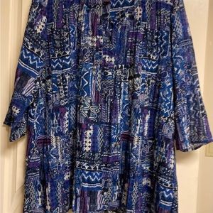 Gloria Vanderbilt Top Size 1X Blues Lined Shirt Sheer 3/4” Sleeves!